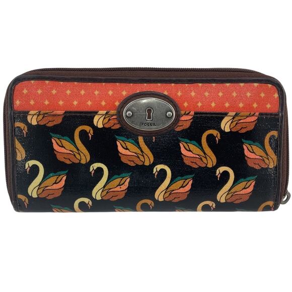 Fossil Key-Per Brown/Orange Coated Cotton Swan Print Card Wallet Pre-Owned - Picture 1 of 6